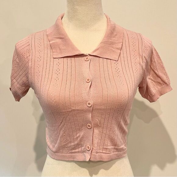 Retro Dusty Pink Collared Cropped Button Down Vintage Style Knit Blouse Top - Picture 1 of 5